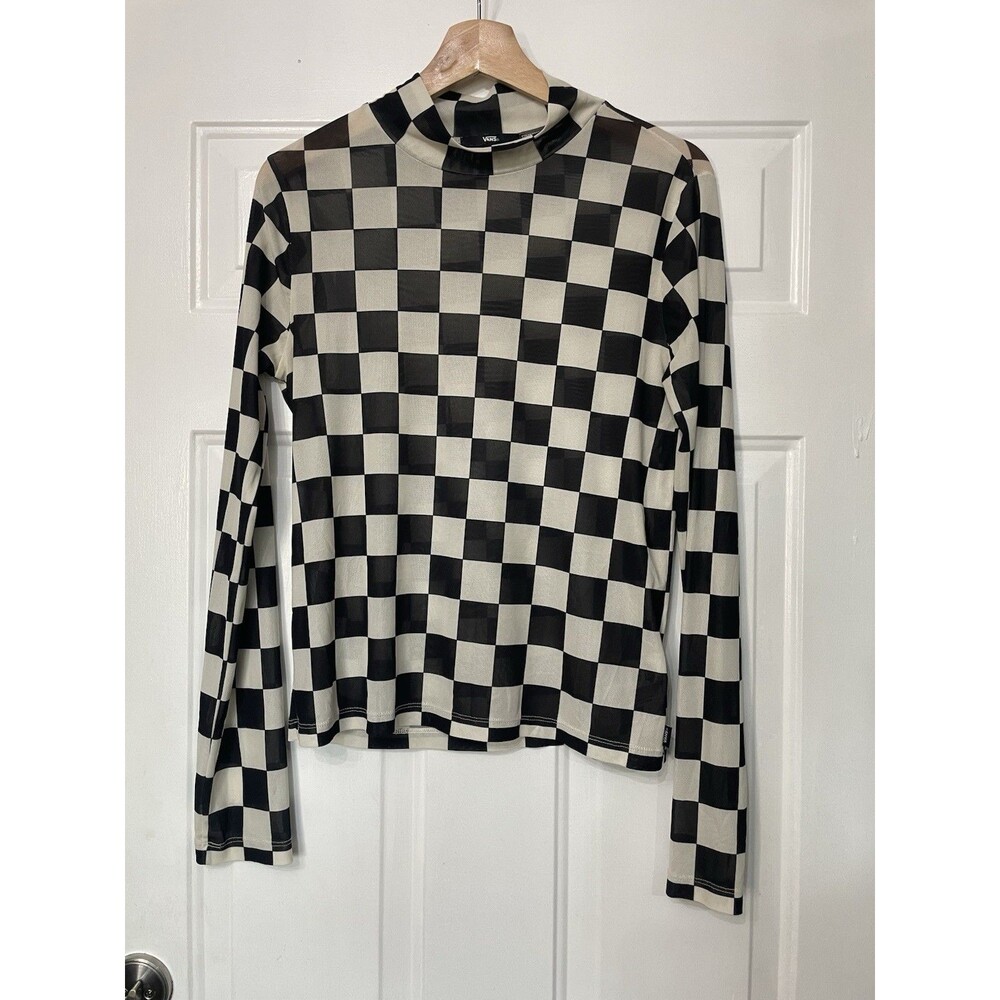 Vans Black & White Checkerboard Mesh Long Sleeve Mock Neck Top (Size L)